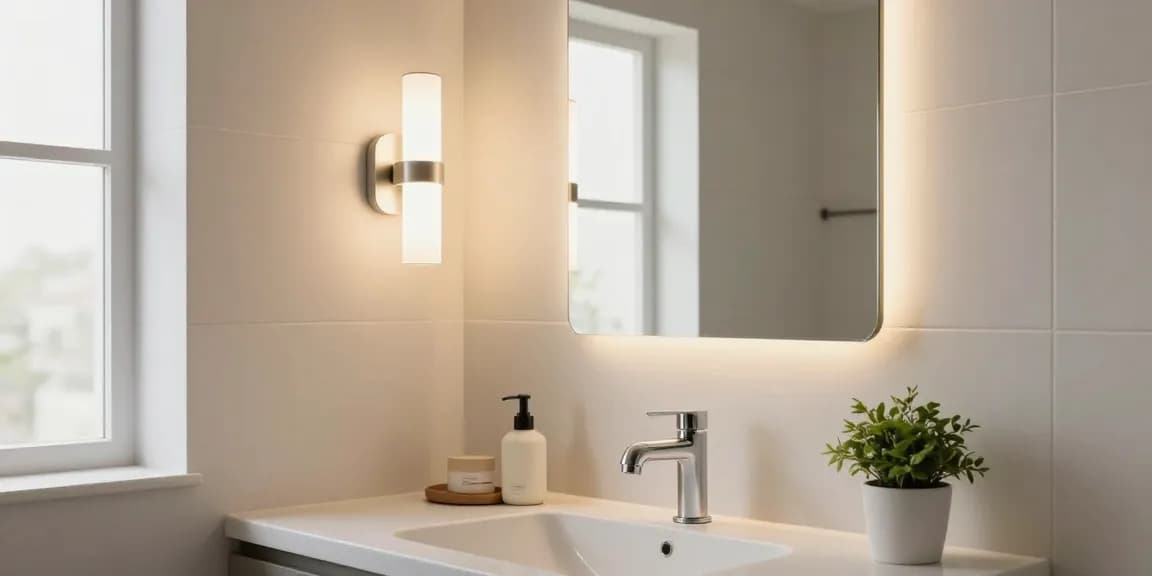 Aplica de baie modernă ce iluminează un spațiu minimalist cu atmosferă calmă.