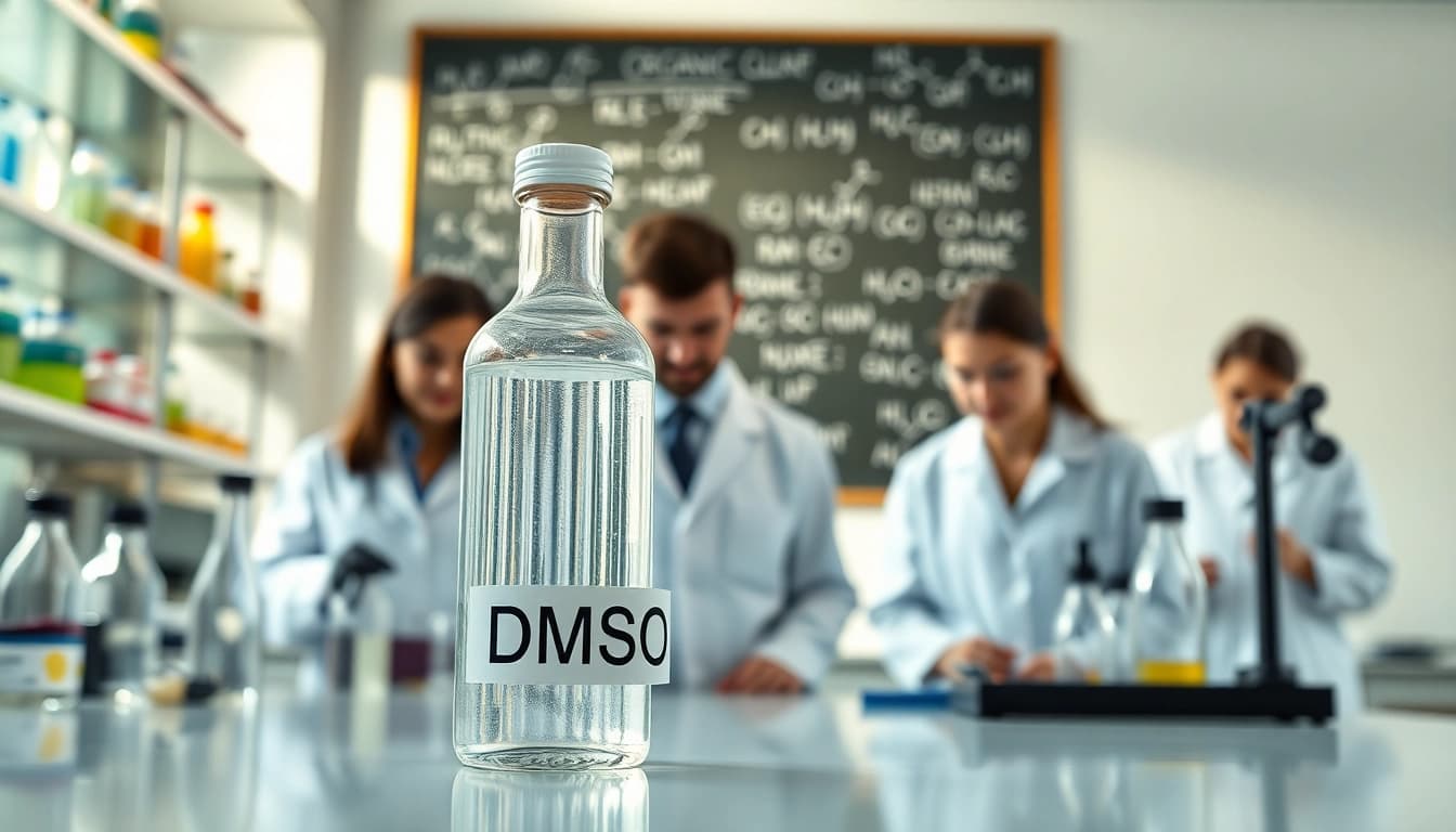 Showcasing DMSO organic in a laboratory, emphasizing its clarity and purity through scientific exploration.