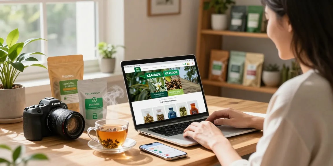 Shop and buy kratom online with high-quality products displayed in a warm, inviting atmosphere.