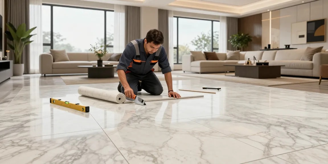 NAGA2000 premium flooring installation showcasing elegant marble and travertine tiles in a modern living space.