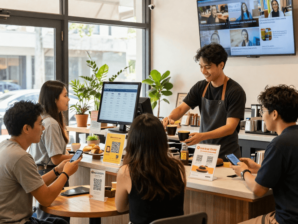 Customers enjoy loyalty rewards at a bustling café, showcasing loyalty engagement.
