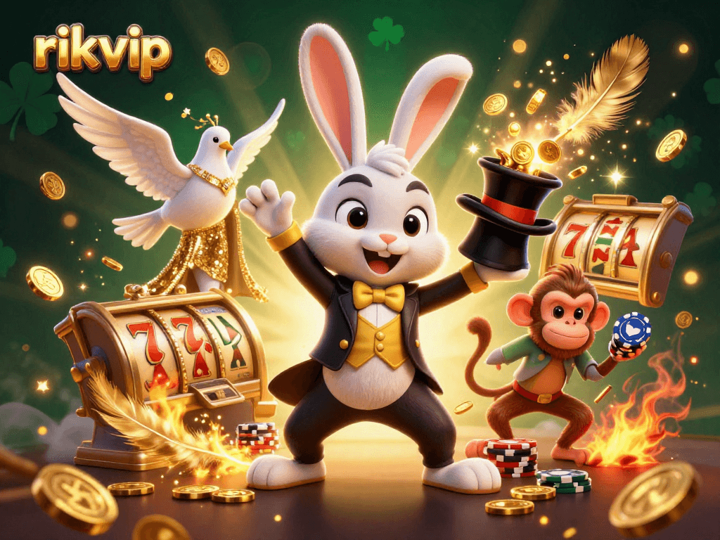 Join the fun at rikvip as our cartoon magician rabbit pulls golden coins from a top hat.
