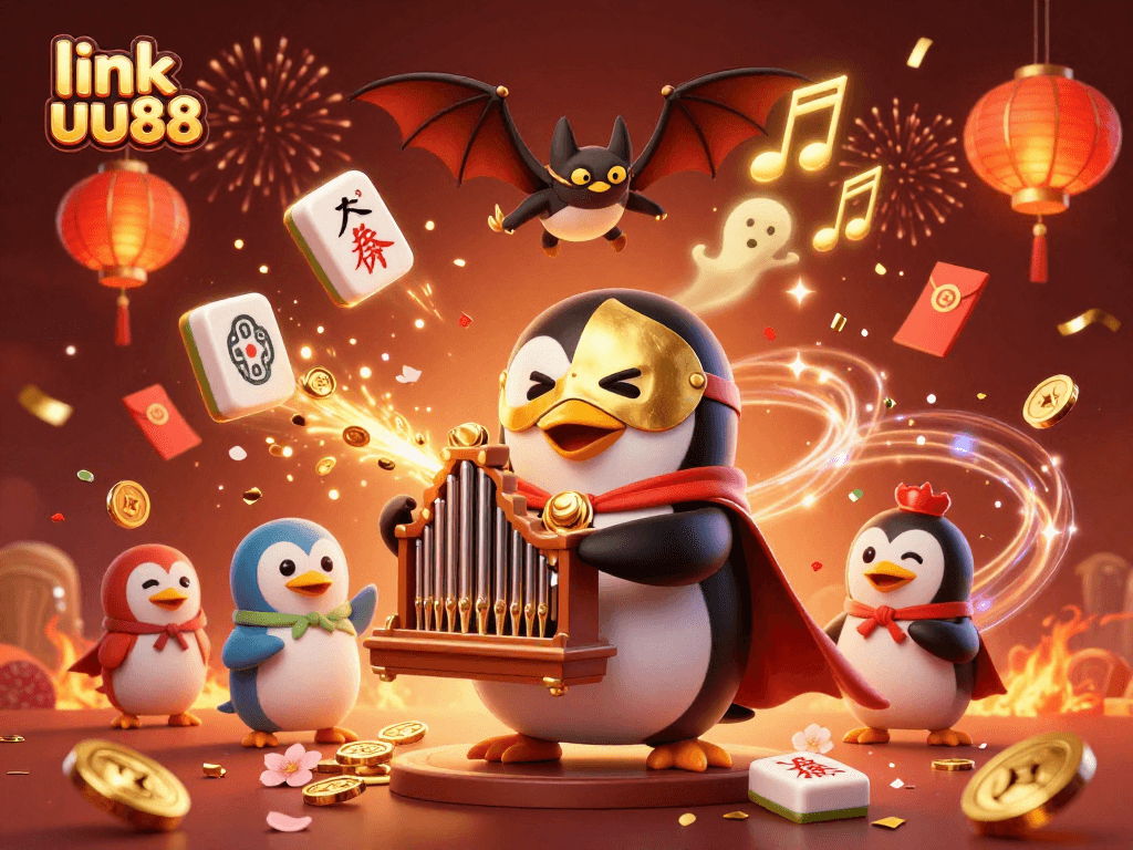 Play and win big with link uu88 in a vibrant 3D casino scene featuring unique characters and celebratory elements.