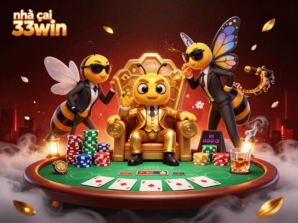 nhà cái 33win showcases thrilling poker action with a vivid 3D illustration featuring dynamic casino elements