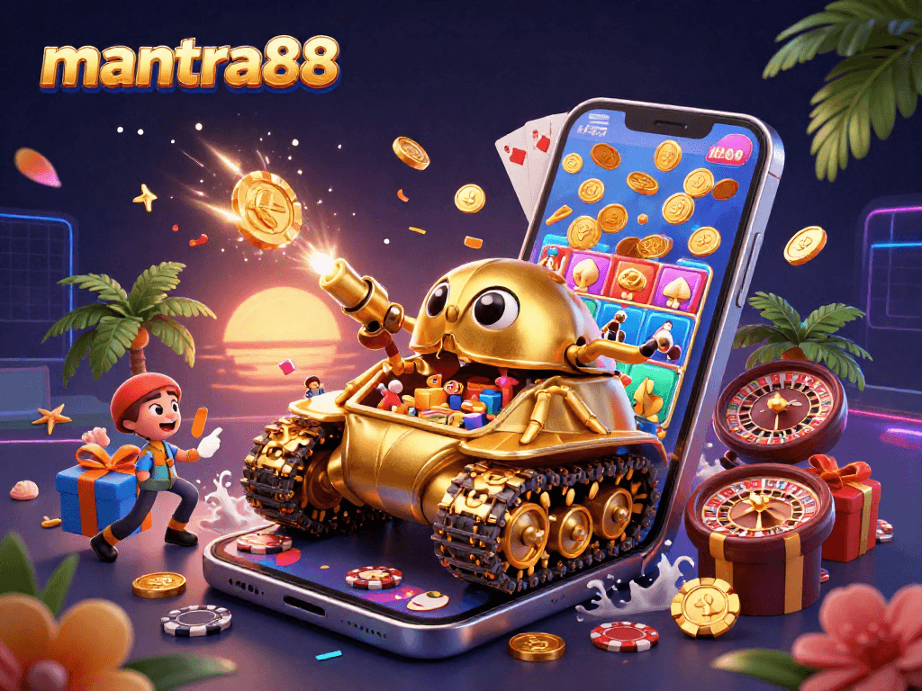 Experience the thrill of mantra88 with a vibrant casino scene in a 3D beetle tank illustration.