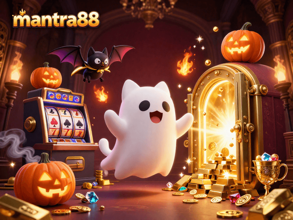 Experience the excitement of mantra88 with a playful ghost cat and gem-filled vault.