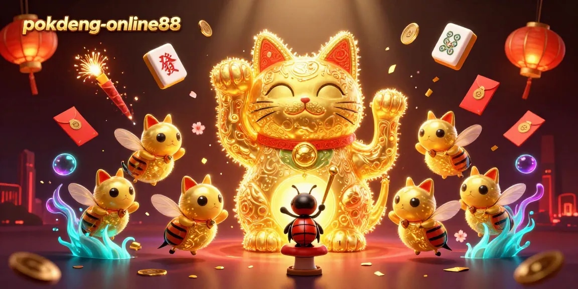 Play exciting Pok Deng with pokdeng-online88 as you meet a waving lucky cat and colorful casino symbols.