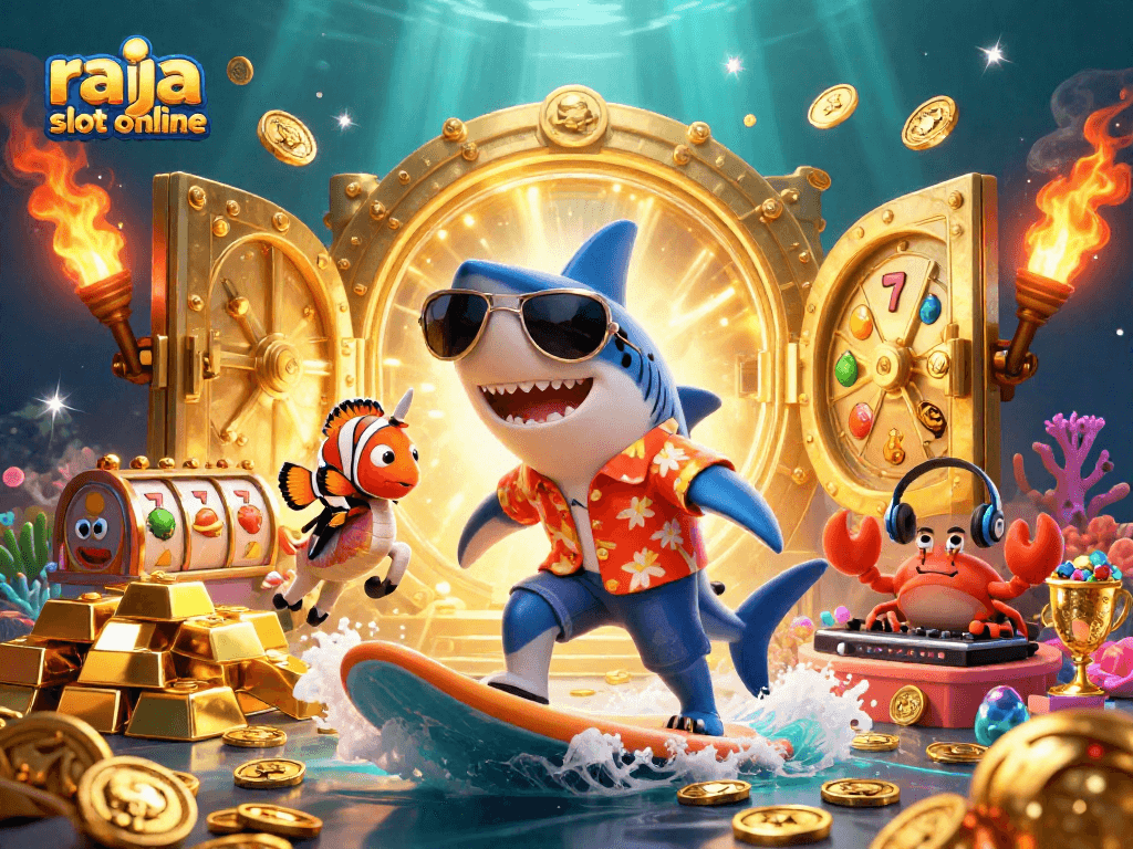 Experience the excitement of raja slot online with colorful characters amidst a treasure-filled casino scene.