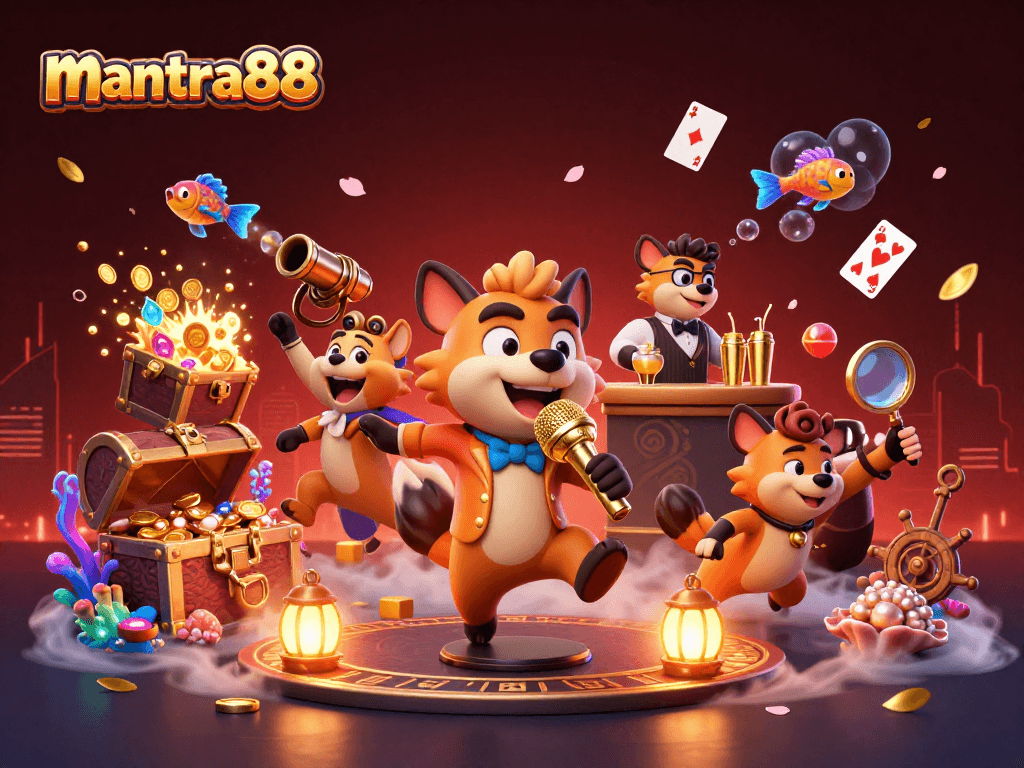 Join the fun at mantra88 casino, featuring hyenas engaged in comedy, cocktails, and security.