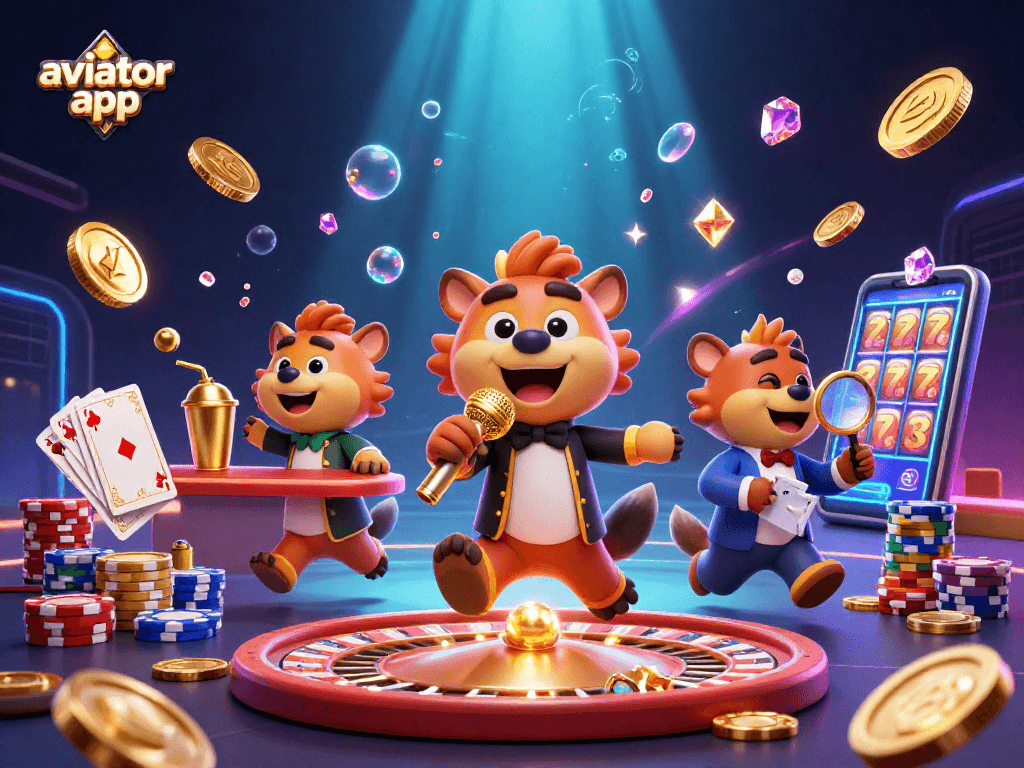 Experience thrilling gameplay with the aviator app amidst cartoon hyenas in a vibrant casino.