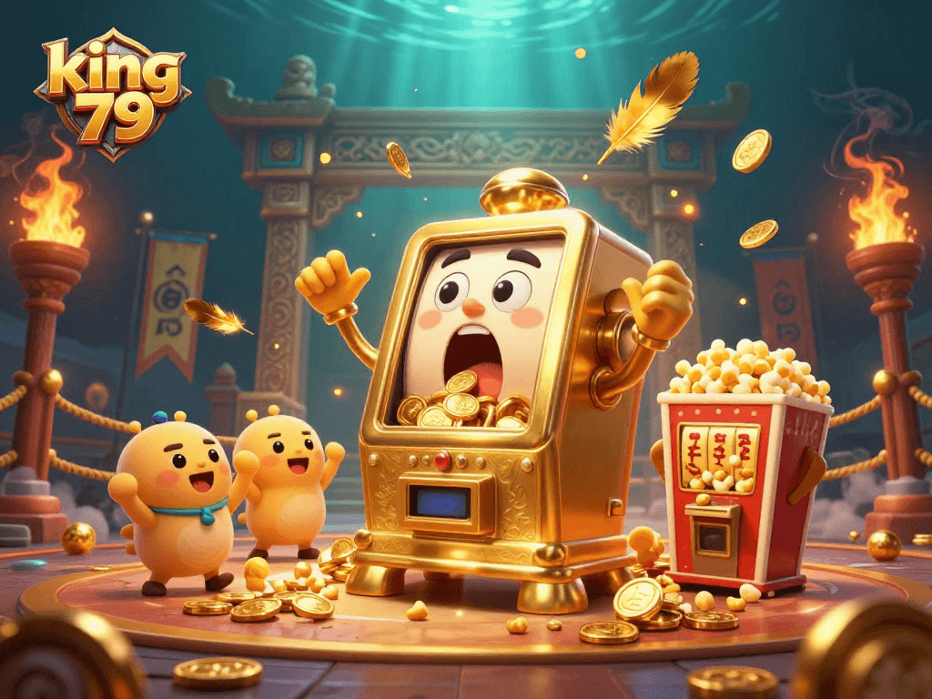Experience king 79 action as a cartoon golden slot machine hits a jackpot amidst swirling casino excitement.