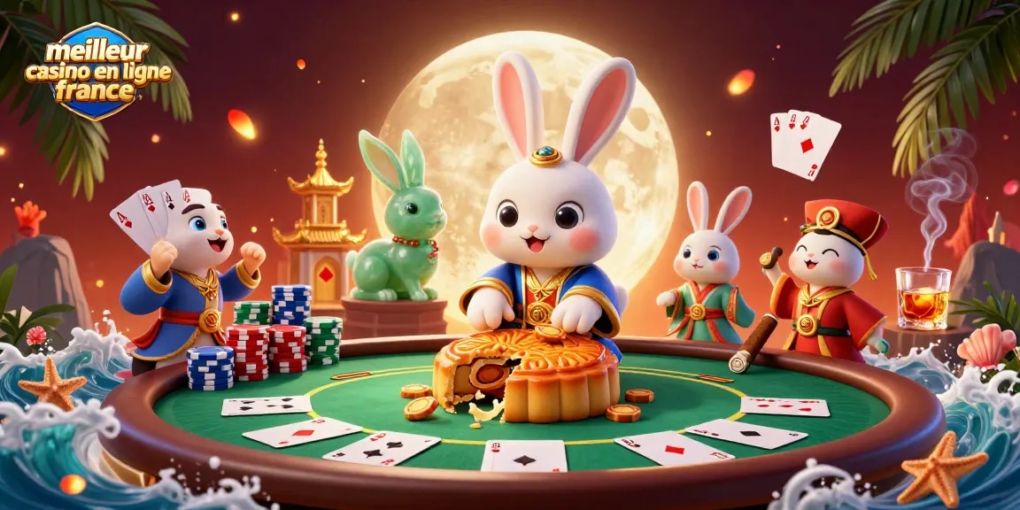 Illustration captivante du meilleur casino en ligne en France avec un lapin sur la lune et des jetons de poker.