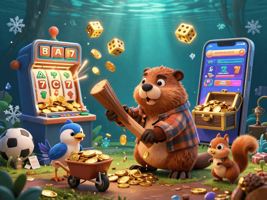 Engage with parlay sports betting through a vibrant illustration of a beaver character amidst a casino-like atmosphere.