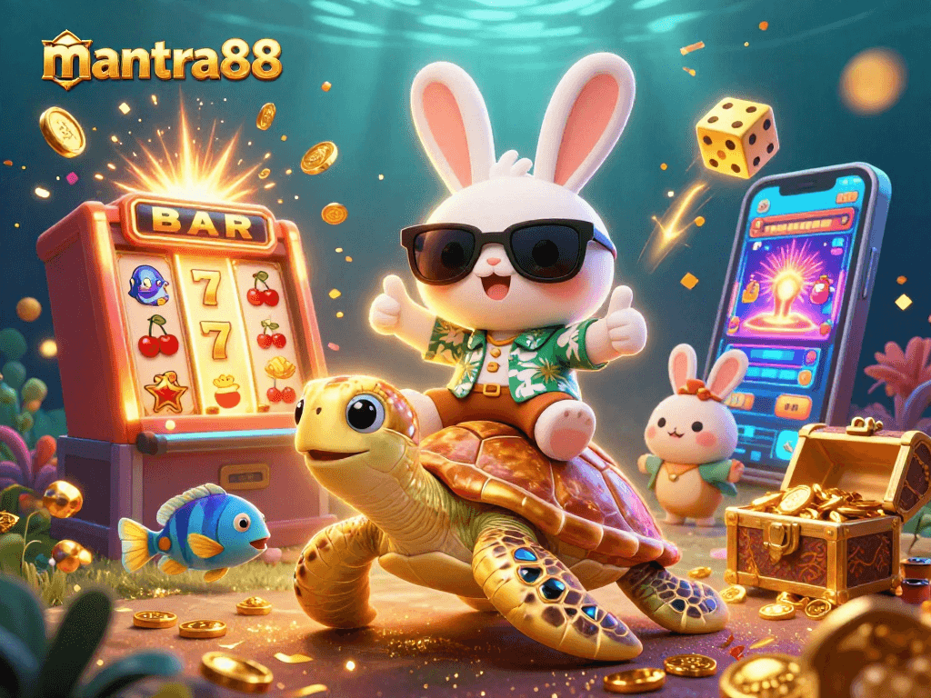 Experience the thrill of mantra88 with a lucky rabbit and a golden turtle amidst a jackpot explosion!