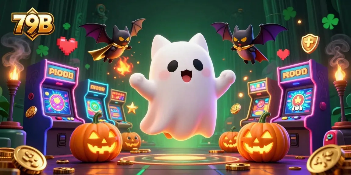 79B apresenta um gato fantasma amistoso no cassino, cercado por símbolos de jogo iluminados.