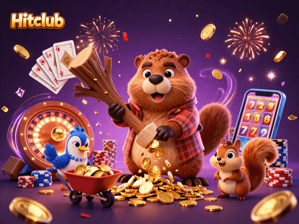 Experience excitement at Hitclub with a vibrant 3D scene of a beaver chopping trees for coins!