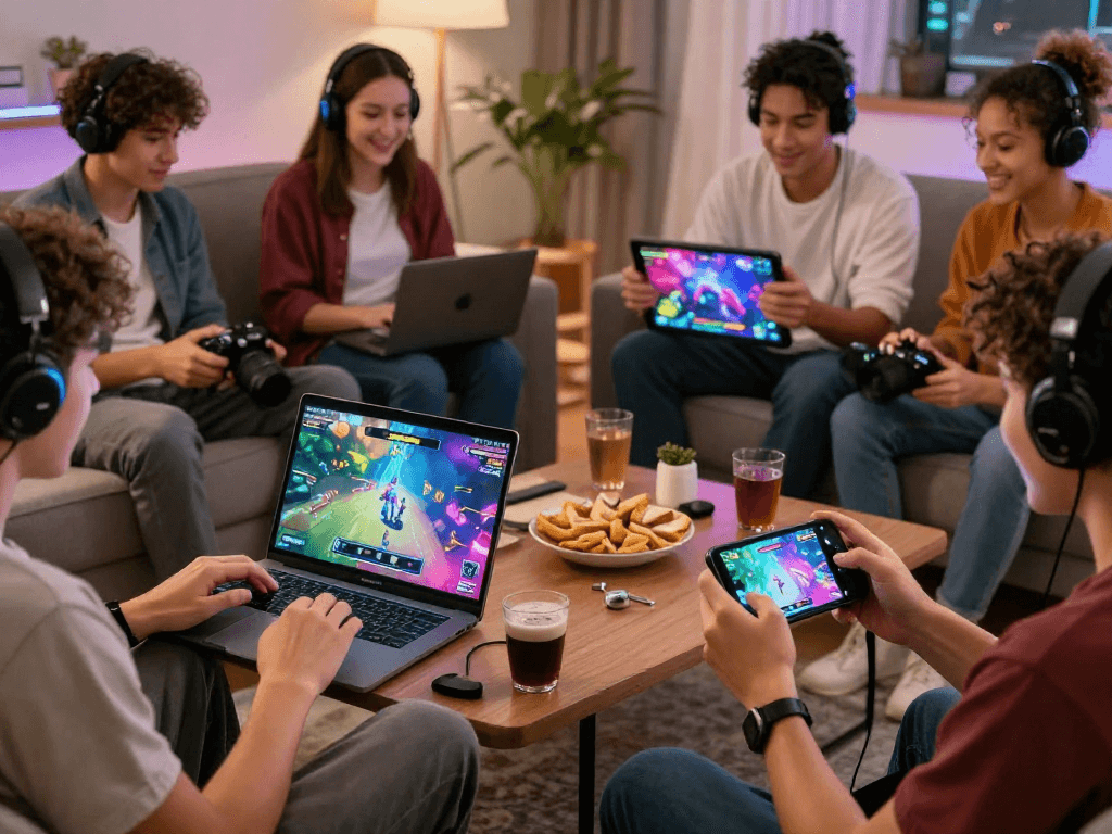 Engaged players enjoying sex games on various devices in a cozy gaming atmosphere.