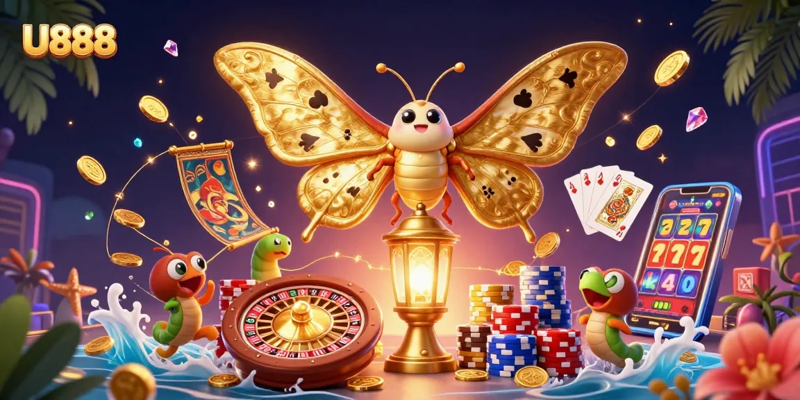 Experience thrilling gameplay and vibrant wins with U888's captivating casino scene illustration.