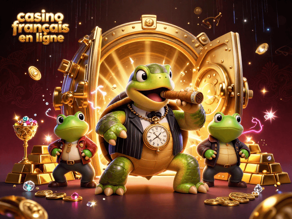 Images colorées représentant un casino français en ligne avec une tortue en costume et des grenouilles, entouré de trésors.