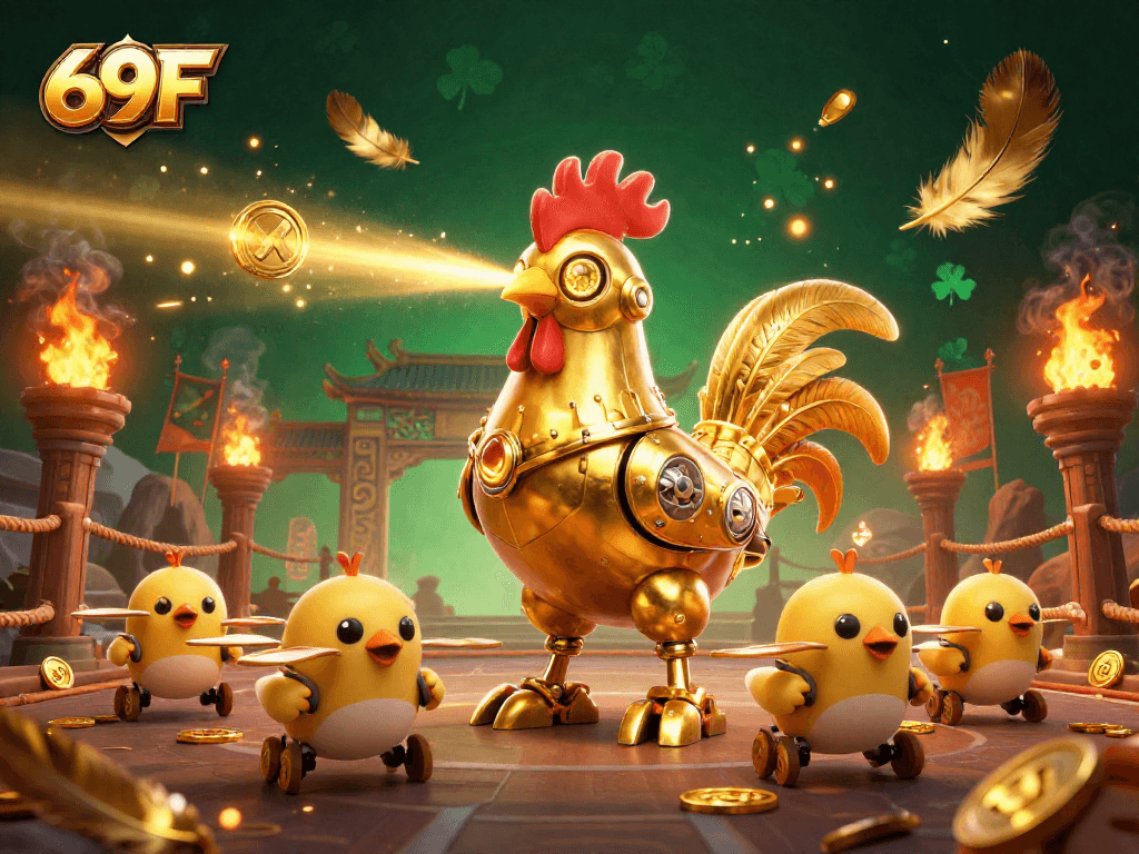 Aposte no 69F com a ilustração 3D de um robô galo dourado em uma emocionante arena de apostas.