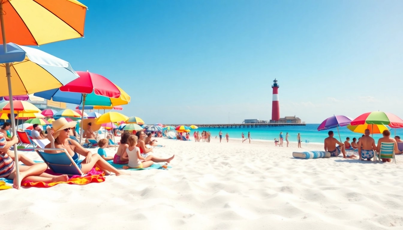 Relaxed families enjoying Pensacola FL's inviting beach with colorful umbrellas and warm sunshine.