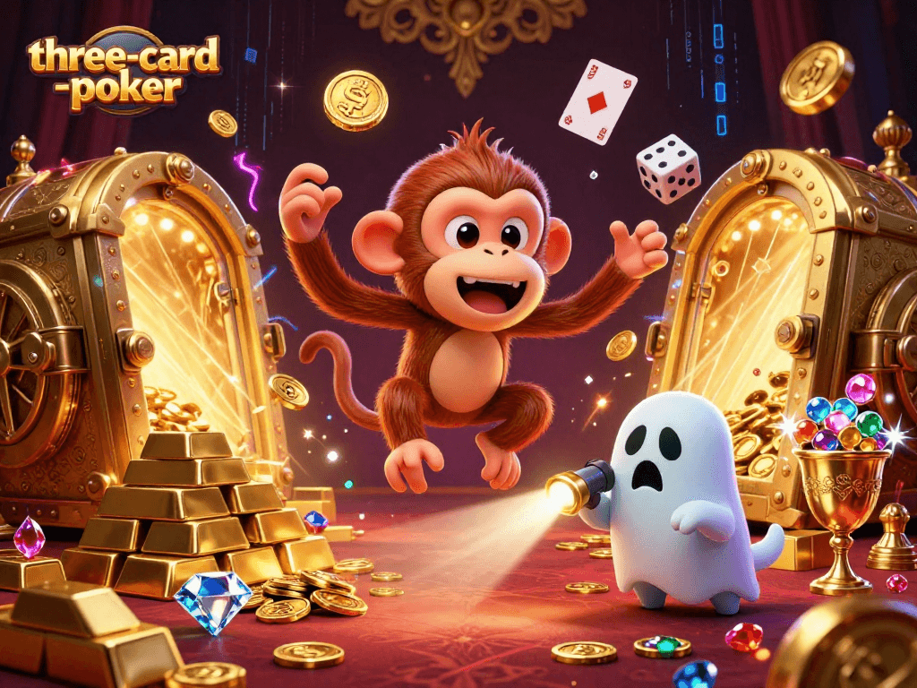 Experience high-stakes three-card-poker excitement with our playful ghost-hunter puppy in a dazzling casino setting.