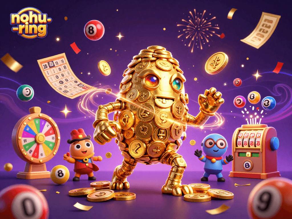 Experience the thrill of nohu-ring with a vibrant, dynamic casino-themed scene featuring golden golems and lottery elements.