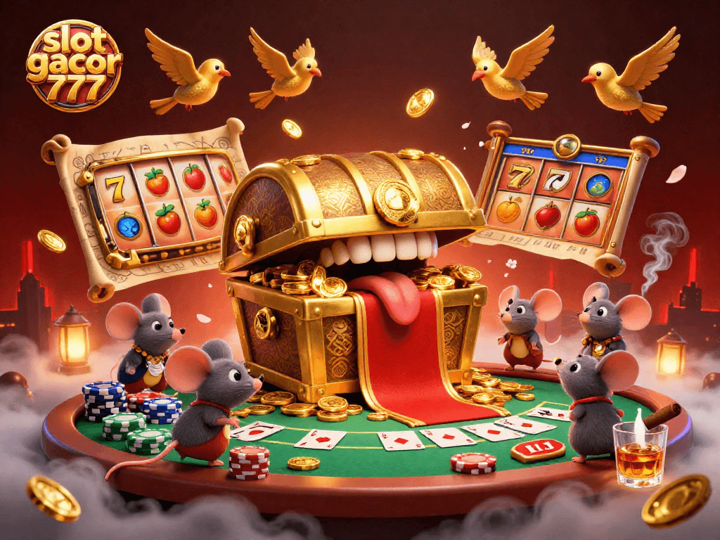 Engage with slot gacor 777 amid a vibrant 3D illustration of a golden treasure chest and casino elements.