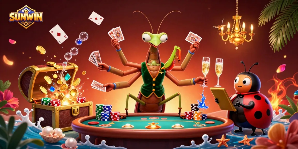 SUNWIN brings excitement to your gaming experience with a lively casino scene featuring animated characters handling cards and chips.
