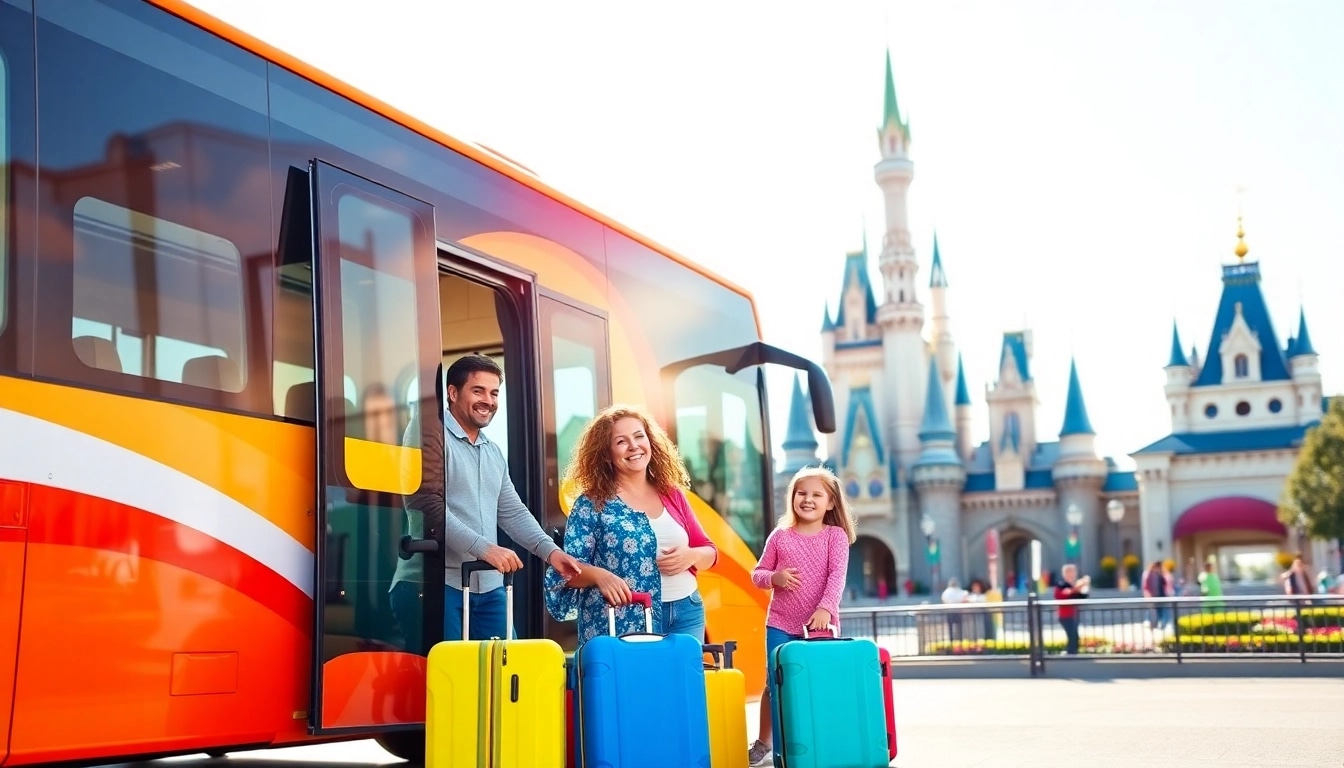 Families using transfers from paris airport to disneyland boarding a cheerful shuttle bus.