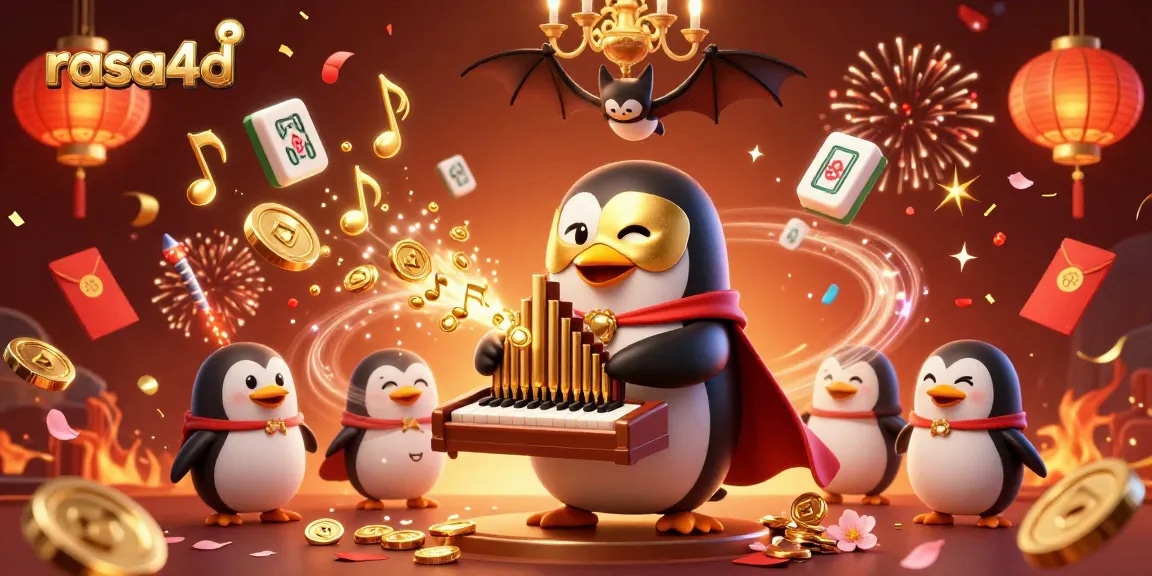 Rasa4d merayakan kemenangan dalam ilustrasi kasino dengan penguin opera dan koin emas.
