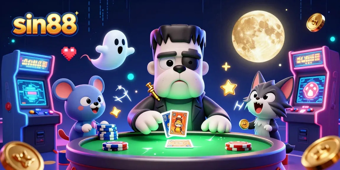 Play cards with sin88 in a spooky casino featuring vibrant 3D characters and elements.