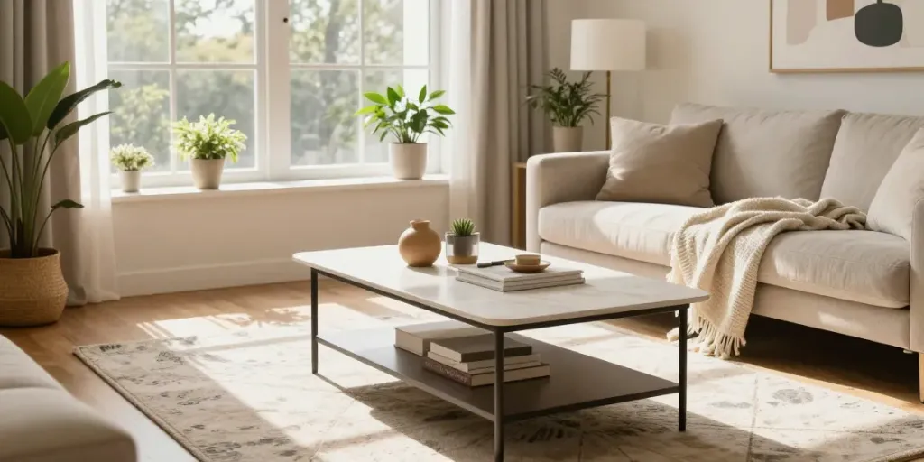 Cozy living room with stylish sofa table, decorative elements, and warm sunlight, reflecting the essence of Home The Spruce.