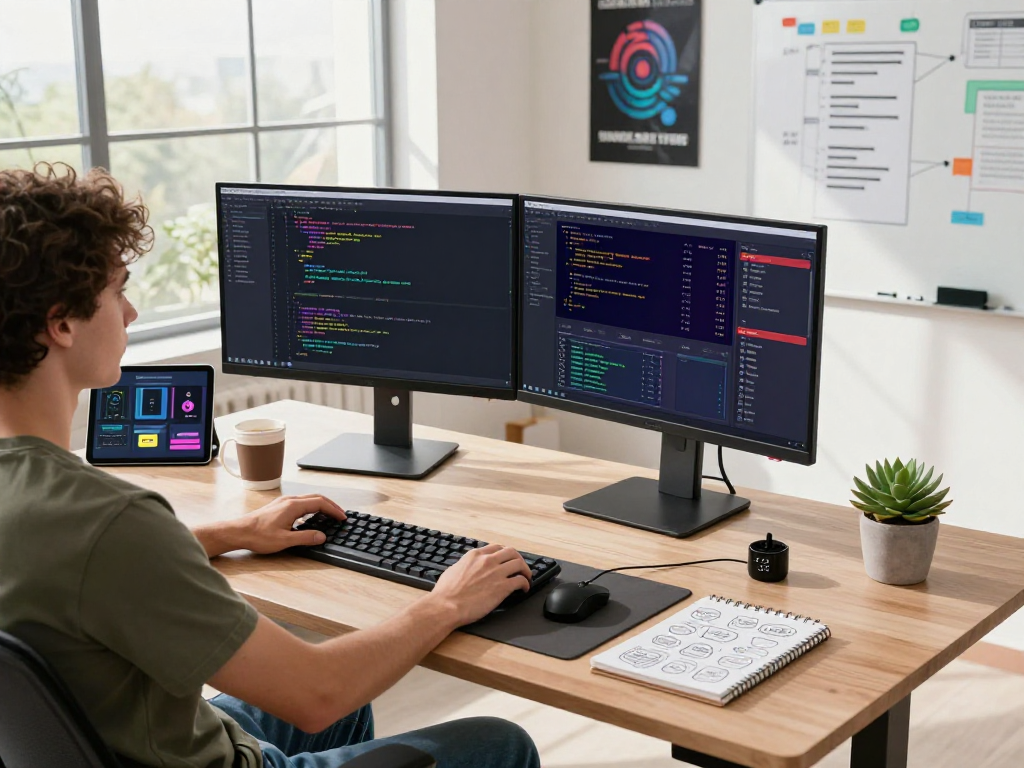 Software developer focused on coding and analytics in a modern tech workspace, featuring dual monitors and a stylish desk setting, showcasing net88.