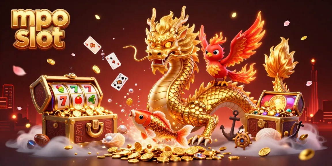 Engage with mpo slot's dynamic scene featuring a golden dragon, phoenix, and koi fish amidst exciting casino elements.