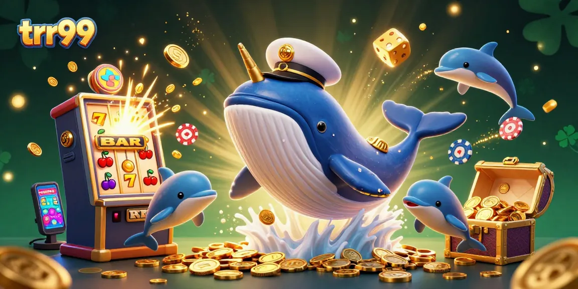 Experience excitement with trr99 as playful dolphins, a captain whale, and a golden narwhal amid casino elements.