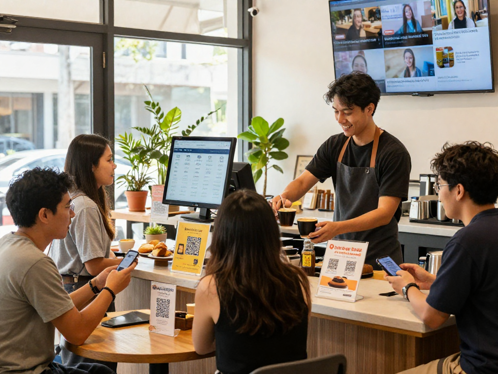 Customers enjoy loyalty rewards at a bustling café, showcasing loyalty engagement.