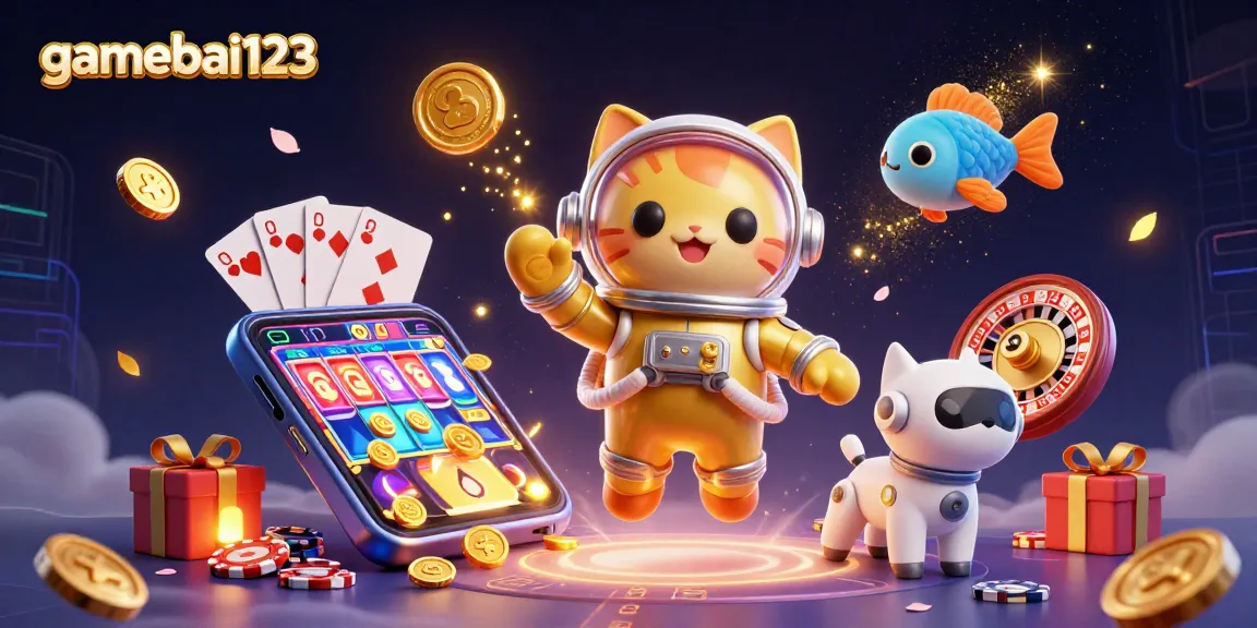 Experience exciting games at gamebai123, featuring a vibrant scene of gambling elements with a playful cat astronaut.
