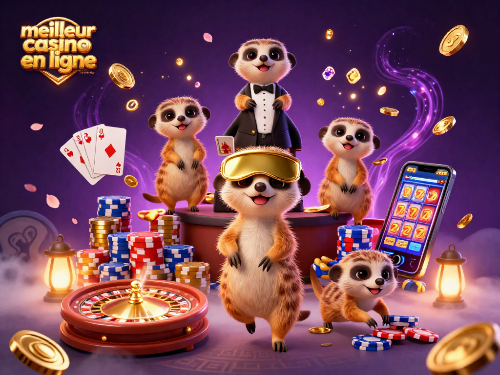 Découvrez le meilleur casino en ligne France à travers une illustration animée pleine de jeux de casino passionnants et de meerkats.