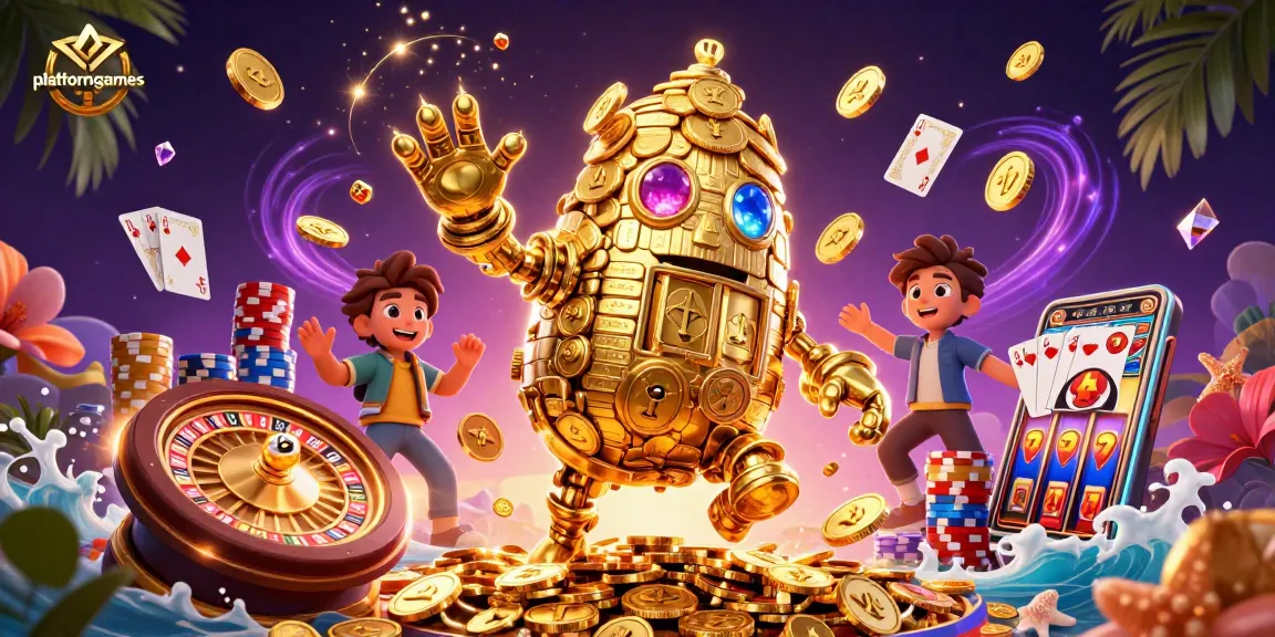 Win big at platformgames with the ancient golden golem amidst flying coins and vibrant casino elements.