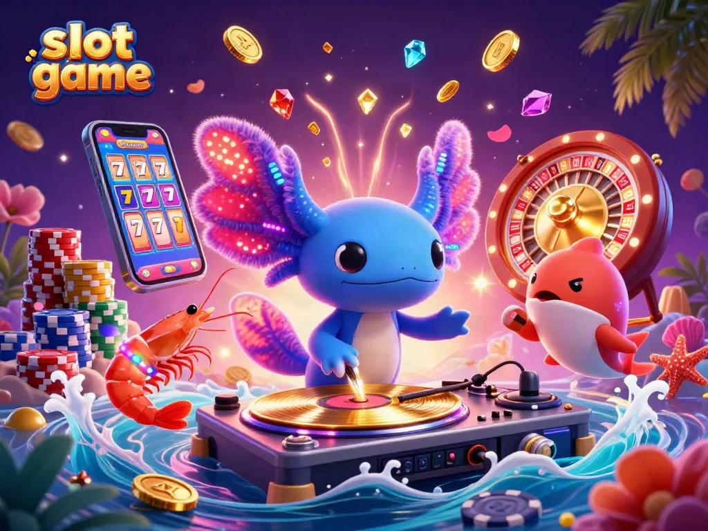 Engaging slot game scene featuring an axolotl DJ, vibrant shrimp dancers, and bright casino elements.