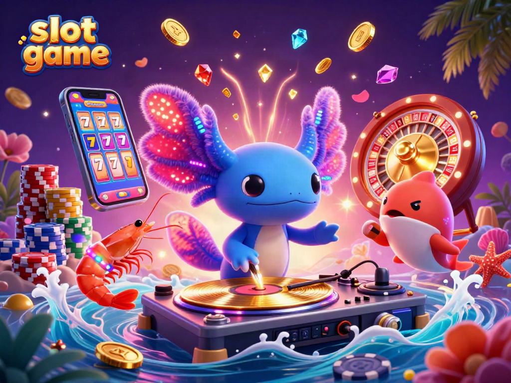 Engaging slot game scene featuring an axolotl DJ, vibrant shrimp dancers, and bright casino elements.