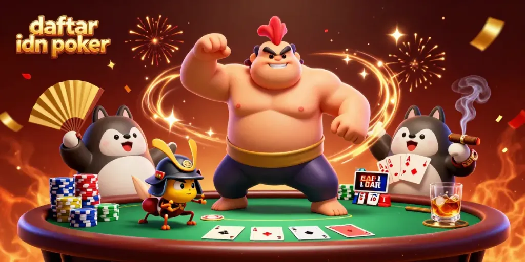 Experience the intense action of daftar idn poker with a vibrant 3D scene featuring colorful poker elements.
