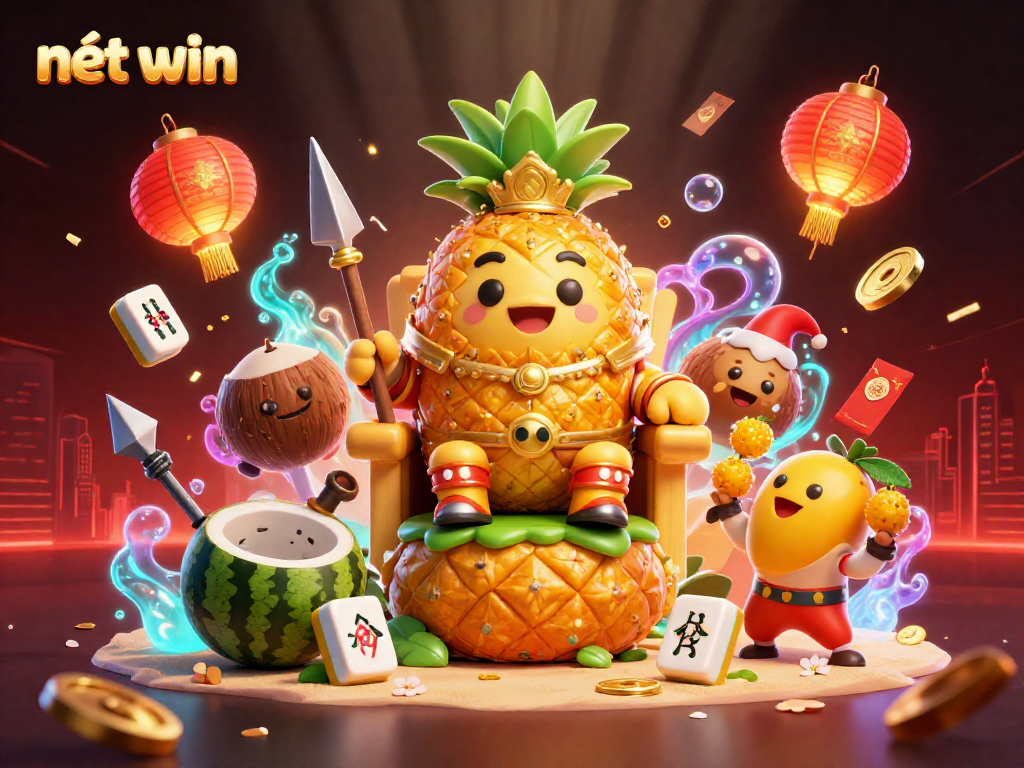 Experience the vibrant energy of nét win with a cartoon pineapple king and lively casino characters in a dynamic scene.