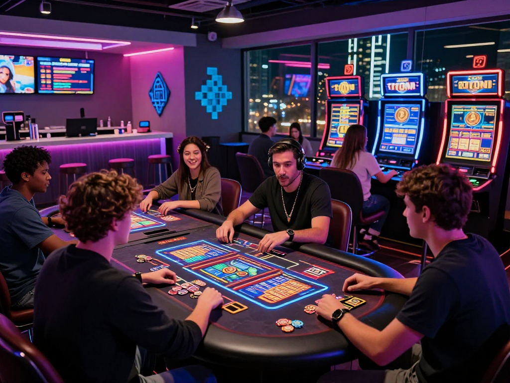 Exciting crypto casino atmosphere with diverse players enjoying digital games in a vibrant lounge.