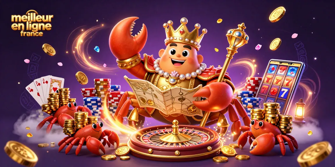 Illustration d'un crab empereur doré symbolisant le meilleur casino en ligne France, entouré de jetons et gemmes brillantes.