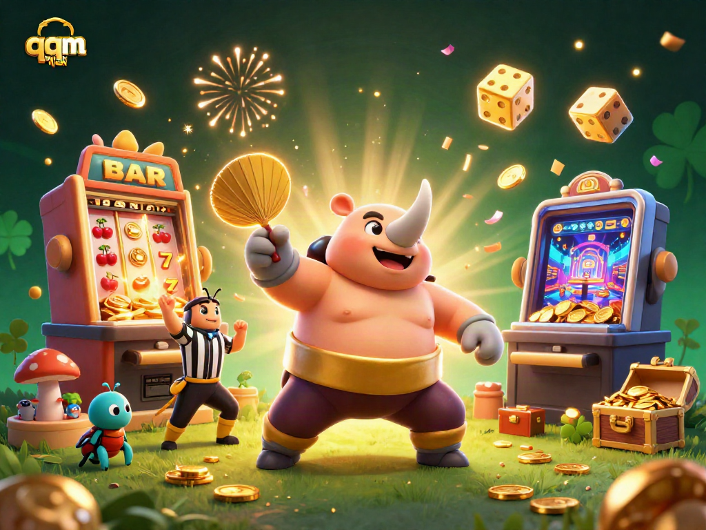 Experience thrilling victories with qqmacan in a vibrant casino scene filled with gold and excitement.