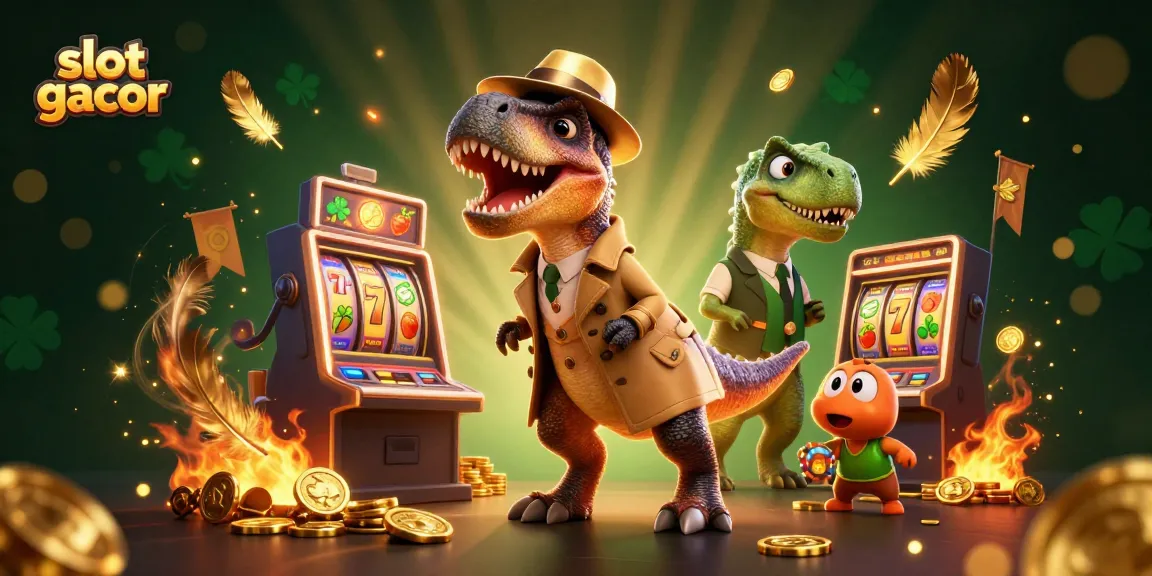 Experience the thrill of slot gacor with a velociraptor card counter amid winning slots and gold!