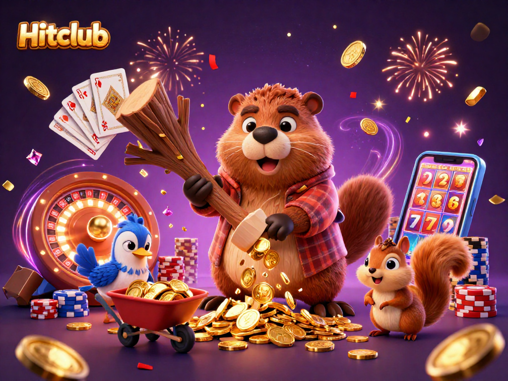 Experience excitement at Hitclub with a vibrant 3D scene of a beaver chopping trees for coins!