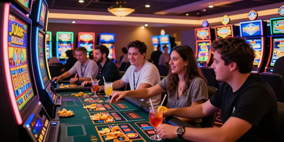 Engaged friends enjoying slot games at a vibrant casino featuring rutanslot machines.